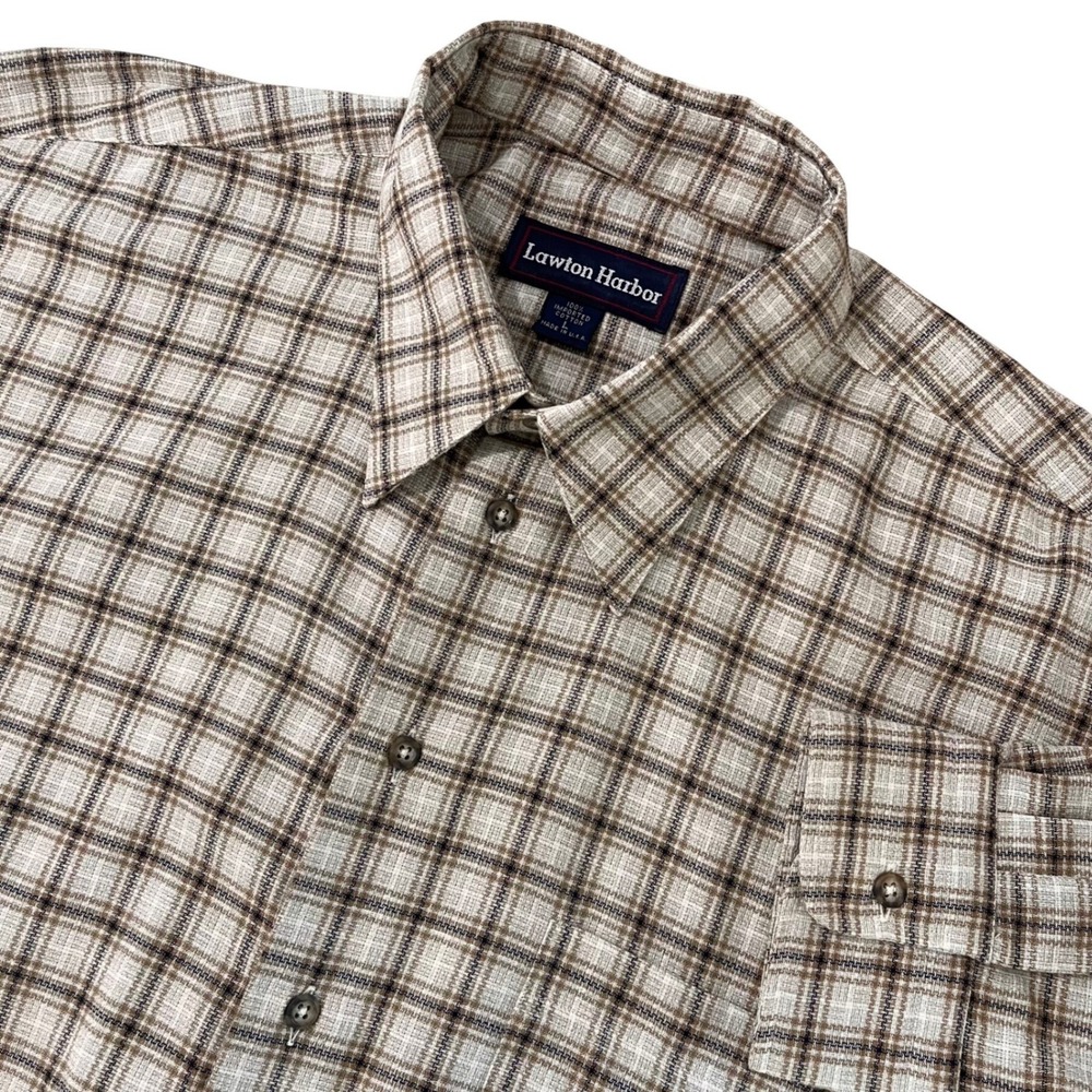 Lawton Harbor Mens Shirt L Brown Plaid Textured Cotton LS Vintage Made in USA